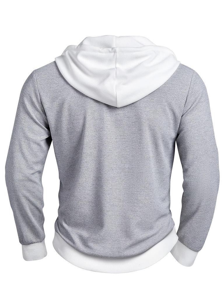 2025 Men's Color Block Waffle Knit Hooded Button-Up Hoodie – Autumn/Winter Casual Long Sleeve