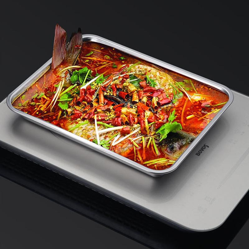 Thickened 304 Stainless Steel Food Serving Tray Buffet Presentation Trays Drain Rack Grease Trap Baking Plates Kitchen Organizer