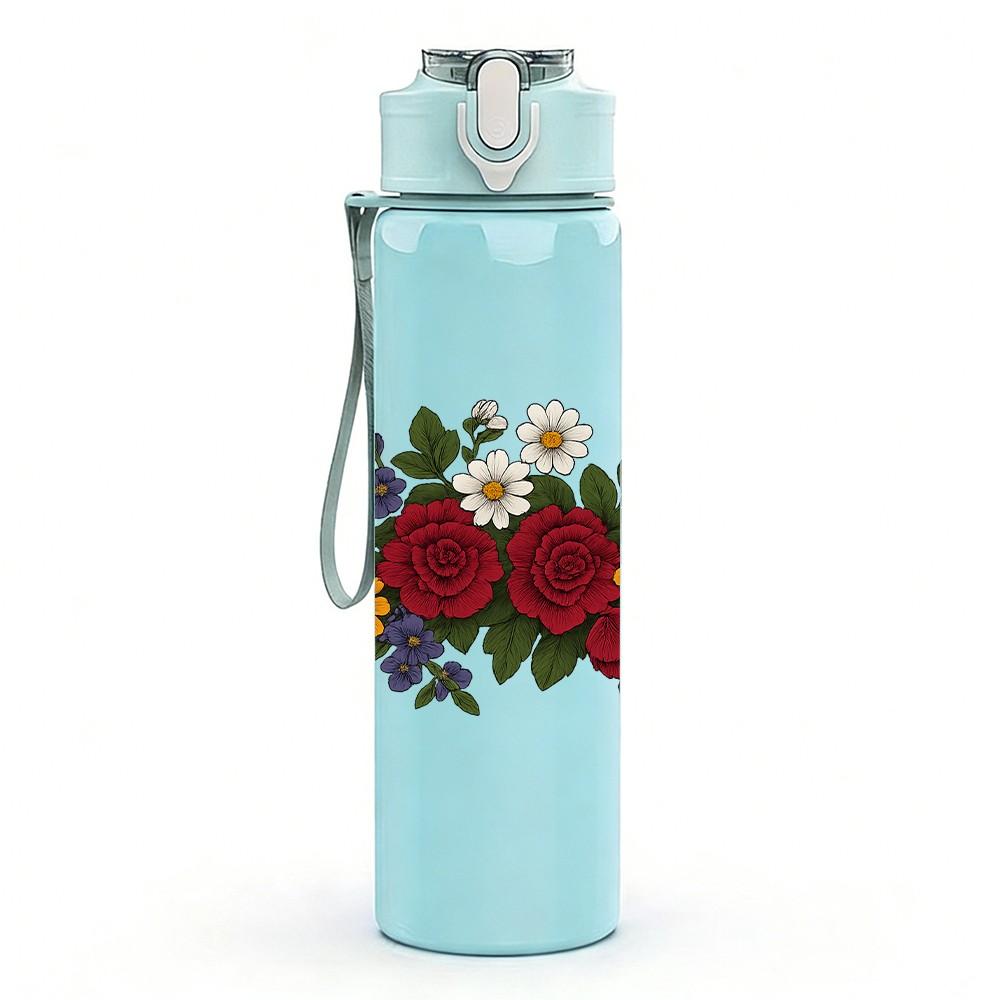 1PC Mixed Red Rose Bouquet Print 750ml Color Plastic Sports Water Bottle Leakproof Flip Straw Lid Suitable for Sports Office Home Use