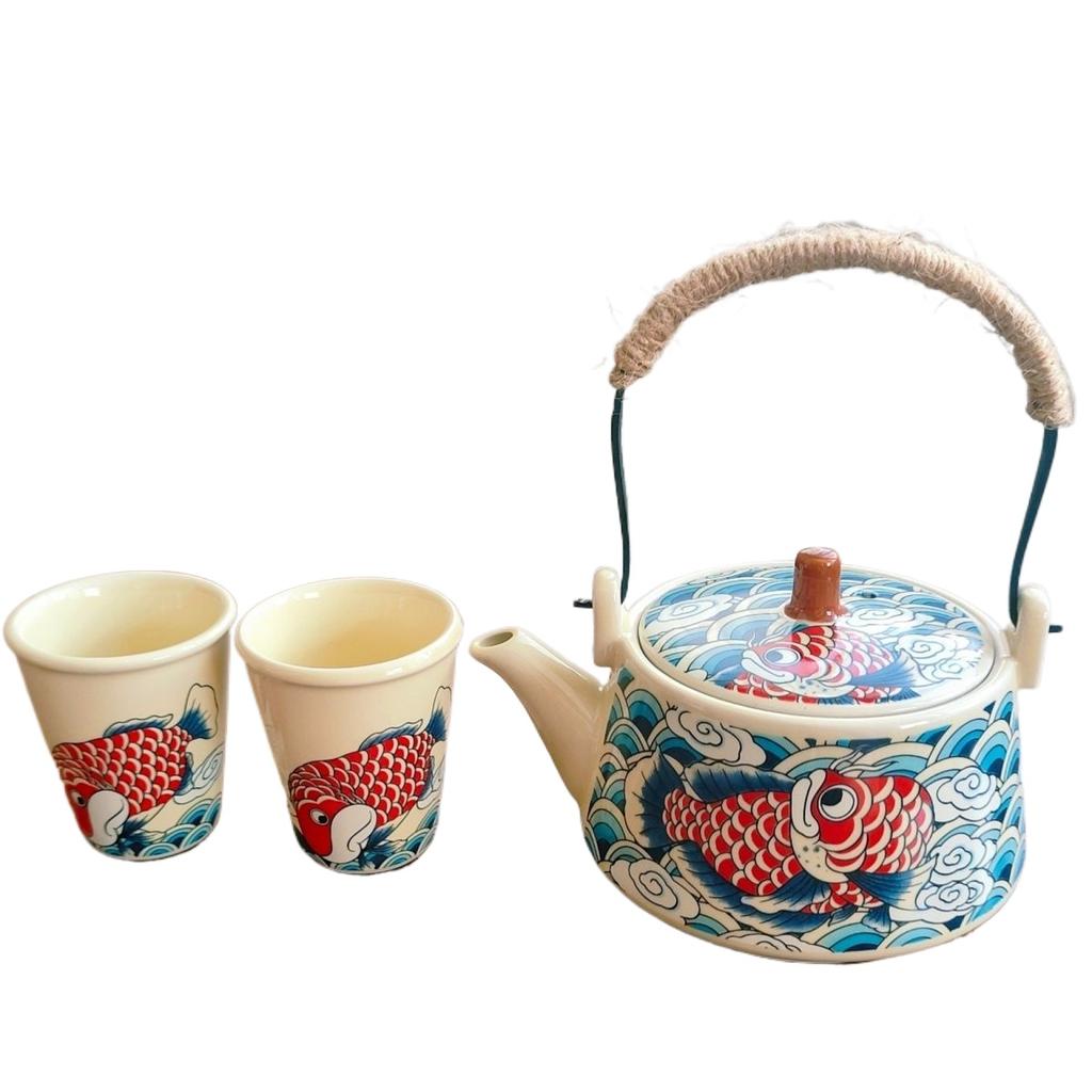 Kung Fu Carp Fish Tea Set, Ceramic Tea Infuser, Travel Portable TeaPot, TeaCup, Tea-Water Separation, Handle-Hanging Pot