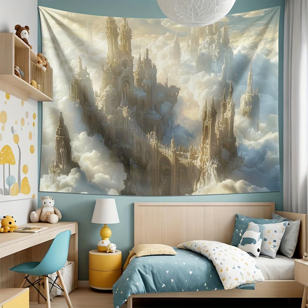 Himmlische Burg Wandteppich Majestätische Wolken Fantasie Architektur Ätherisches Design für verträumte und inspirierende Wohnkultur Wandkunst