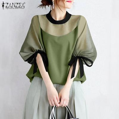 Damen Sommer Mesh Patchwork Freizeit Kurzarm Bluse