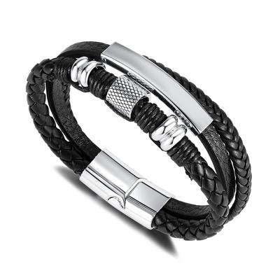 New Fashion Braided Stainless Steel Men Multi-Layered Leather Bracelet
