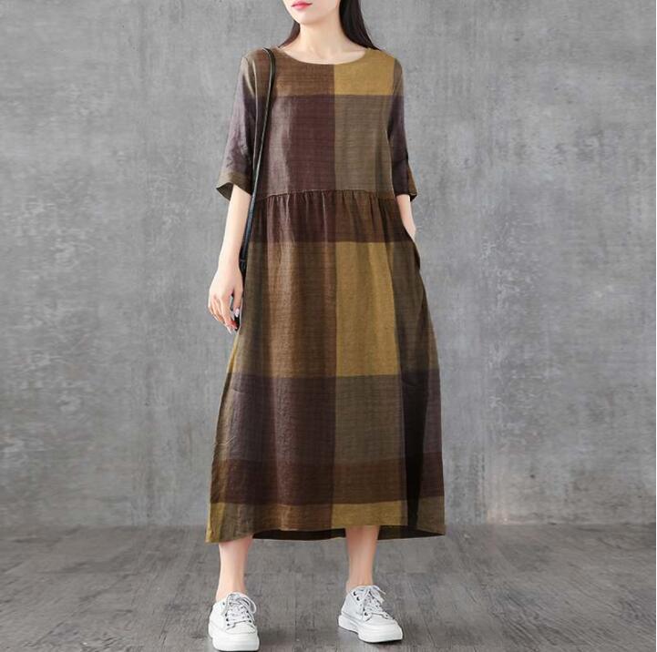New Arrival: Cotton Plaid Mid-Length Loose Casual Dress