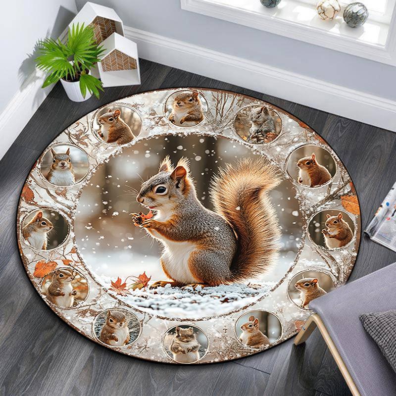 Squirrel Round Area Rug,Carpet Rug for Living Room Bedroom Sofa Playroom Decor,Non-slip Floor Mat