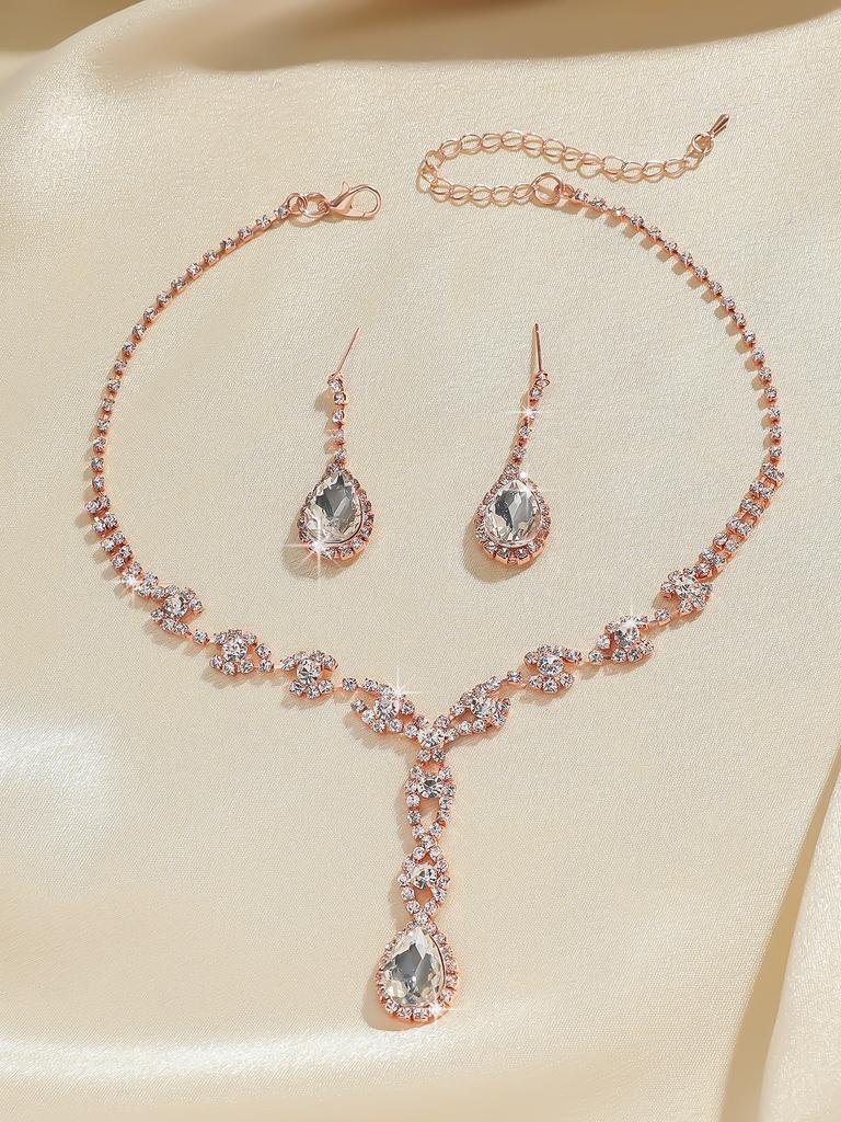 Ganyuan Women's Rhinestone Jewelry Set Three-Piece Necklace Earrings Bracelet Ring Claw Silver Plated Alloy Engagement Wedding