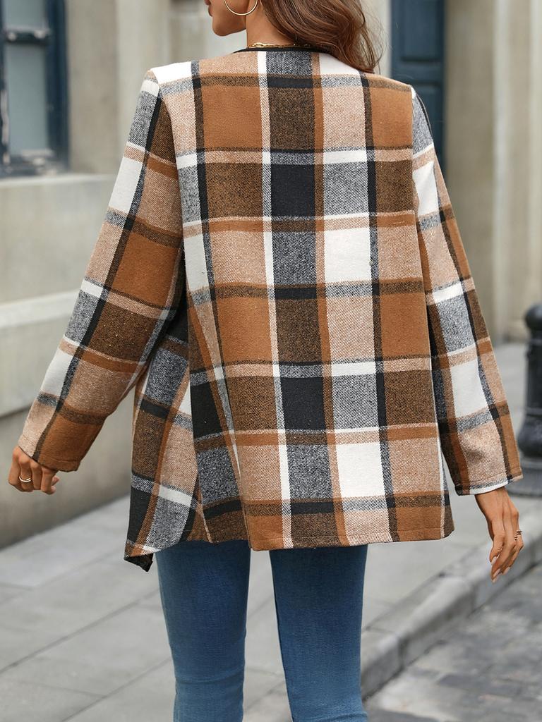 Women's Spring Commute Style Shirt Plaid Long Sleeve Irregular Loose Collar Open Cardigan Shirt
