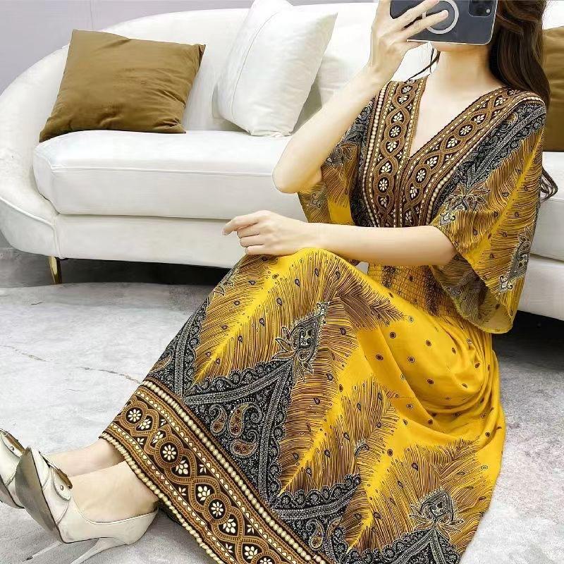 Ethnic Style V-neck Cotton and Silk Short-sleeved Beach Dress Thailand Travel Dress Summer Print Vacation Floral Skirt