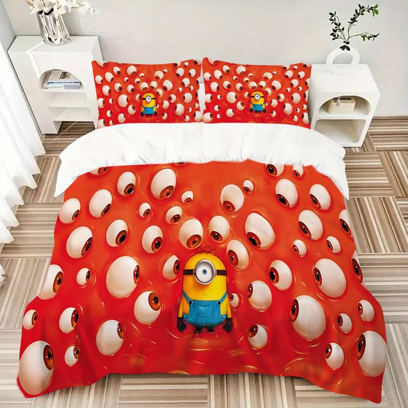 Minion Eyeballs Printed 3pcs Bedding Set Soft Microfiber 1 Duvet Cover And 2 Pillowcases Home Bedroom Decor Xmas Gift Q1155