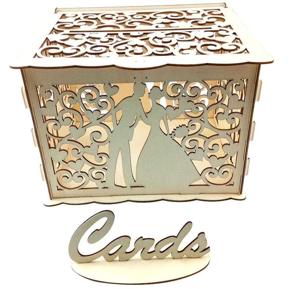 

Wooden Wedding Card Box Wedding Decoration Supplies DIY Mr&Mrs Couple Flower Pattern Envelope Sign Cards Wood Box WOODEN
