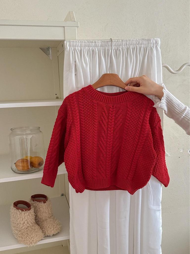 Kinder Roter Retro Zopfstrickpullover - Jungen & Mädchen Lockerer Rundhals-Pullover für Herbst/Winter, Weihnachten & Neujahr