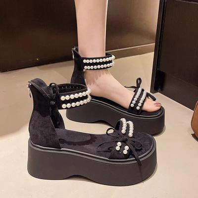 French Rhinestone Fashion Sandals Women's 2025 New Summer Wear Thick Heel with Skirt Beautiful Word with Roman Shoes