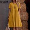 QICED Women's Fashion Summer Spring Solid Color Print O-Neck High Waist Casual Dresses