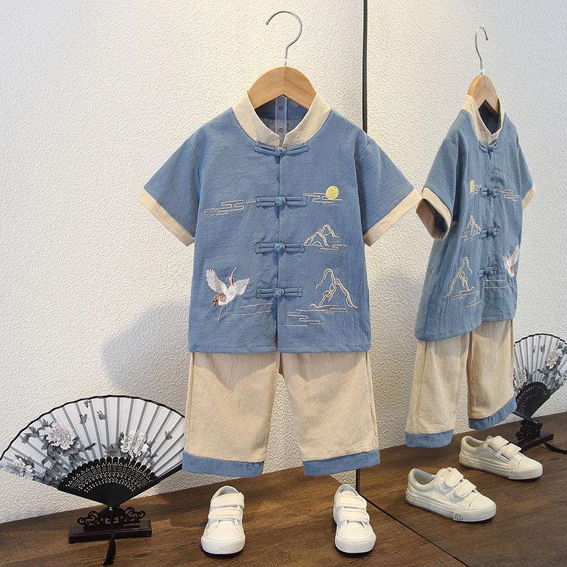 Completo Estivo da Ragazzo a Maniche Corte Stile Cinese per Bambini Hanbok Bello Completo Tang Cotone Lino Sezione Sottile di Abbigliamento Antico