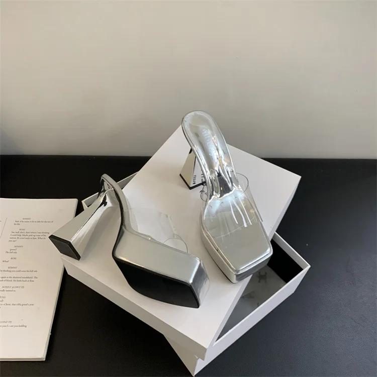 CNMB NEW Eilyken Fashion Silver PVC Transparent Platform Slippers Summer Women Open Toe Square Heel Sandals Dance Shoes