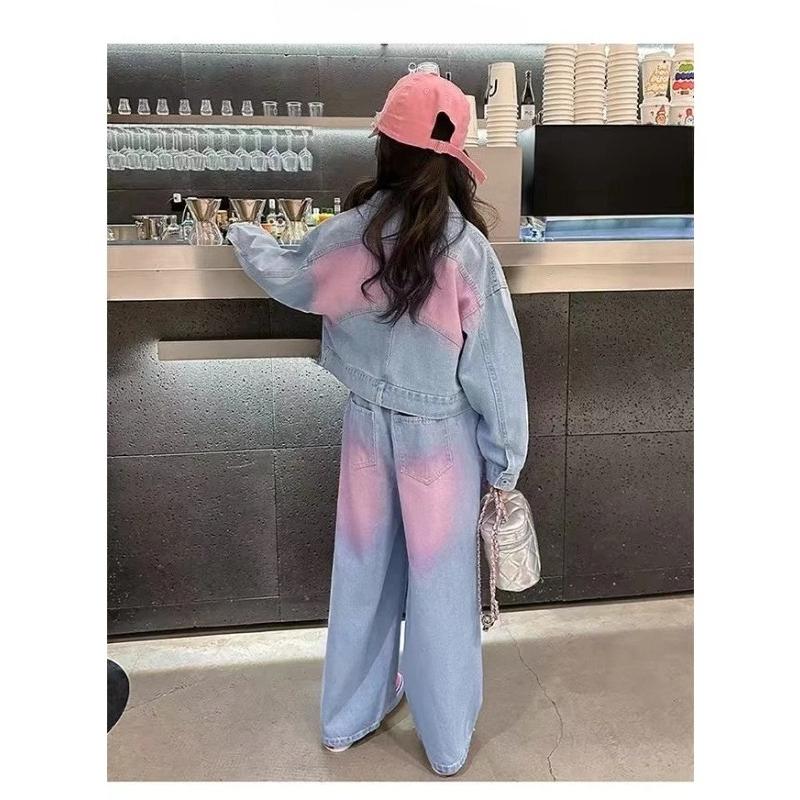 Mädchen Frühling Herbst Set Mode Große Kinder Frühling Kleidung Dopamin-Spray Farbe Denim Zweiteiler Trend