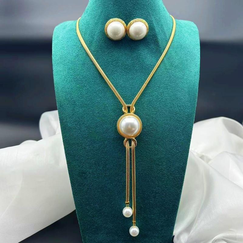 Vintage French Fashion Retro Luxury Long Adjustable Pearl Sweater Chain Set Necklace Earrings