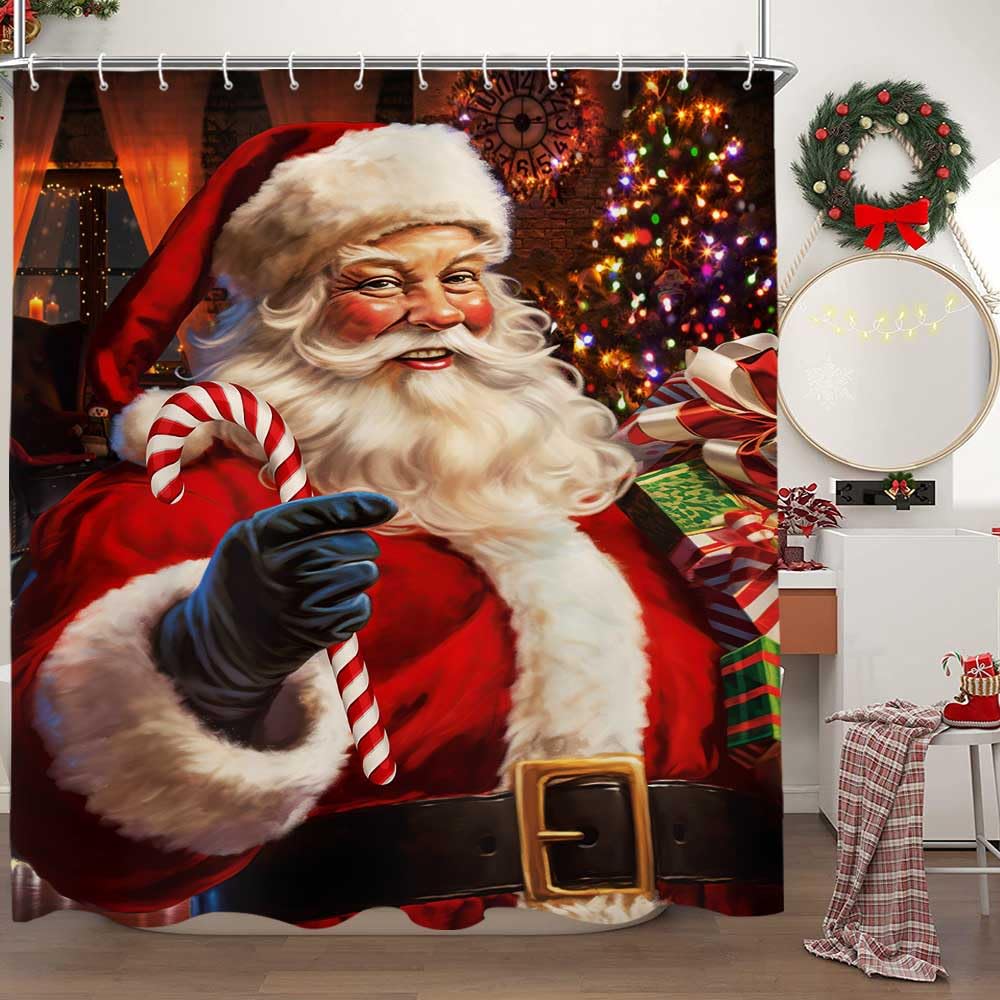Christmas Shower Curtain Funny Santa Claus Shower Curtain Retro Xmas Holiday Washable Bathroom Decor Bath Curtain With Hooks