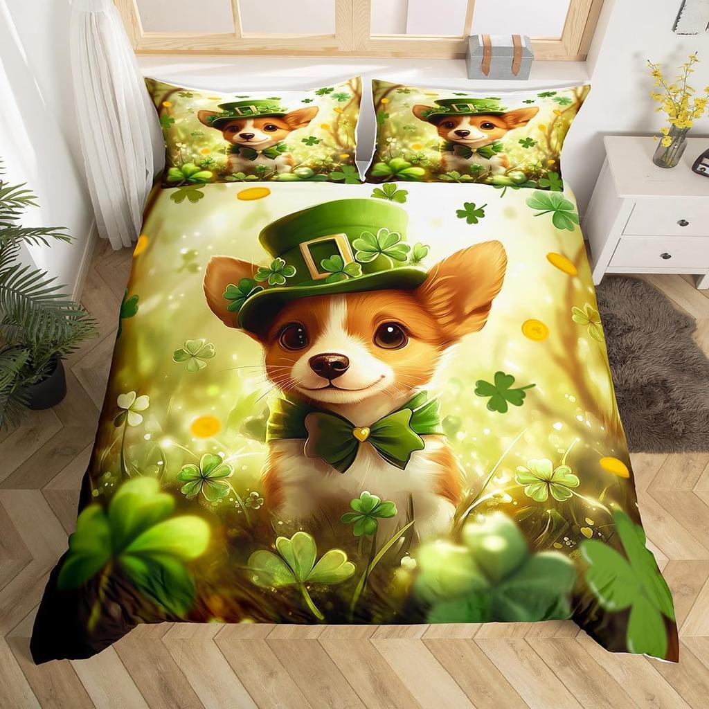 St.Patrick'S Day Duvet Cover Twin Queen Lucky Clover Leaves Bedding Set For Boys Girls Cartoon Comforter Cover With 2 Pillowcase