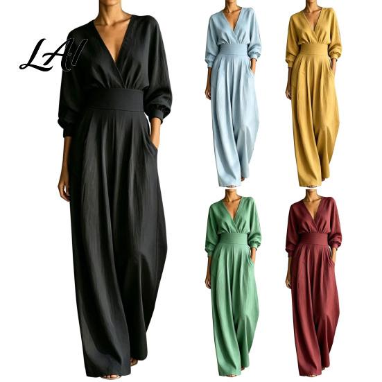 Stretchy Jumpsuit for Women Women's Long Sleeve Jumpsuit Deep V Neck Loose Wide Leg All Day Comfort Rompers High Waist Summer Casual One Piece