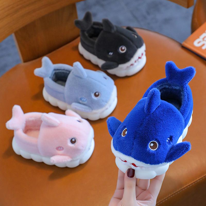 New Autumn and Winter Children's Cotton Slippers Boys and Girls Indoor Cartoon Shark Girls Slippers Baby Bag and Cotton Shoes