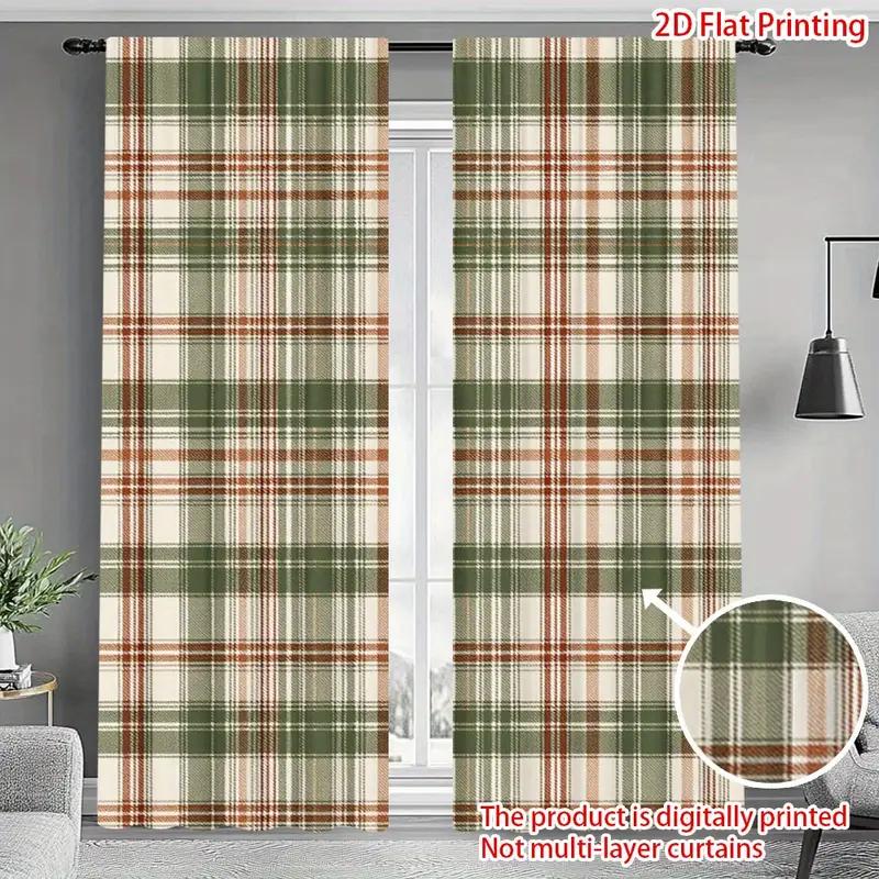 Set Of 2 Green Checkered Curtains Design Protecting Privacy Suitable Decorating Various Scenes Curtain With Pole Pocket Polyester