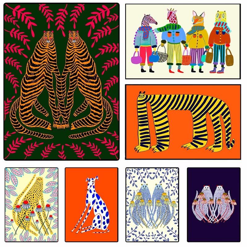 

Whimsical Animal Nursery Canvas Art Cartoon Cheetah Tiger Leopard Colorful Kids Wall Decor Playful Jungle Theme Room Decor Gift 21cm×30cm NoFrame