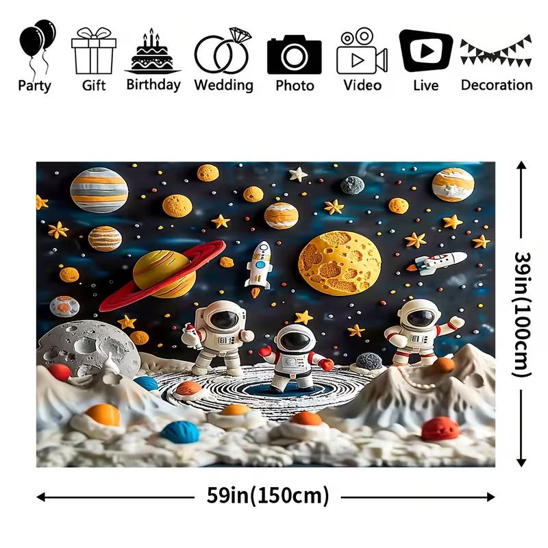 2D Boys Space Party Backdrop, Cute Astronauts & Solar System Photo Banner