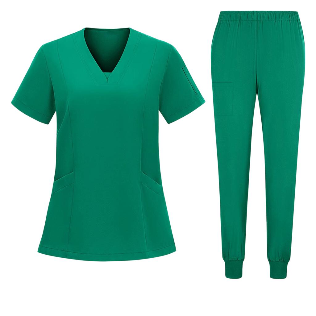 Women's Short Sleeved Color Round Neck Pocket Top Pants Work Clothes Two Piece Set