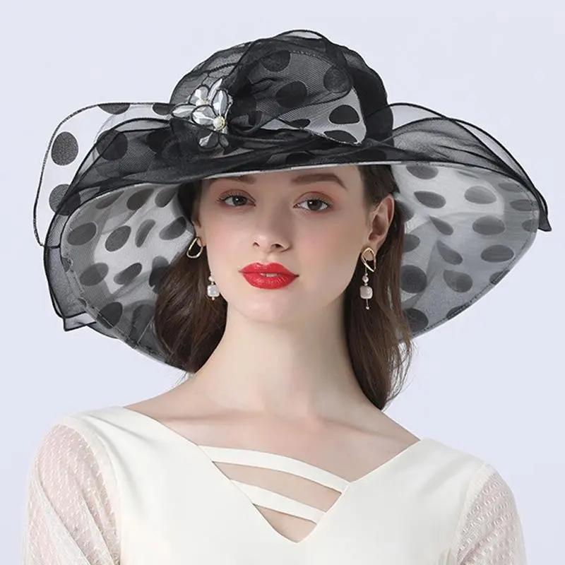 WTEMPO American Retro Wave Point Large Brimmed Sun Hats Women's Casual Sunshade Hats Fashion Pearl Mesh Hats