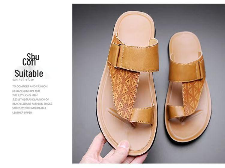 Men's 2025 Summer Genuine Leather Flip-Flops - Embossed Cowhide Toe-Post Sandals for Sport & Casual Wear