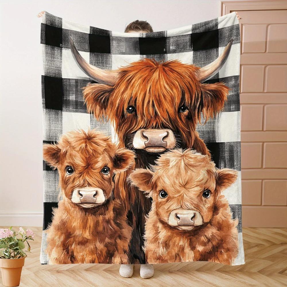 

Highland Cow Print Flannel Blanket Soft Checkered AllSeason Throw for Home Office Travel Napping Bedtime Multiple sizes 75x100cm