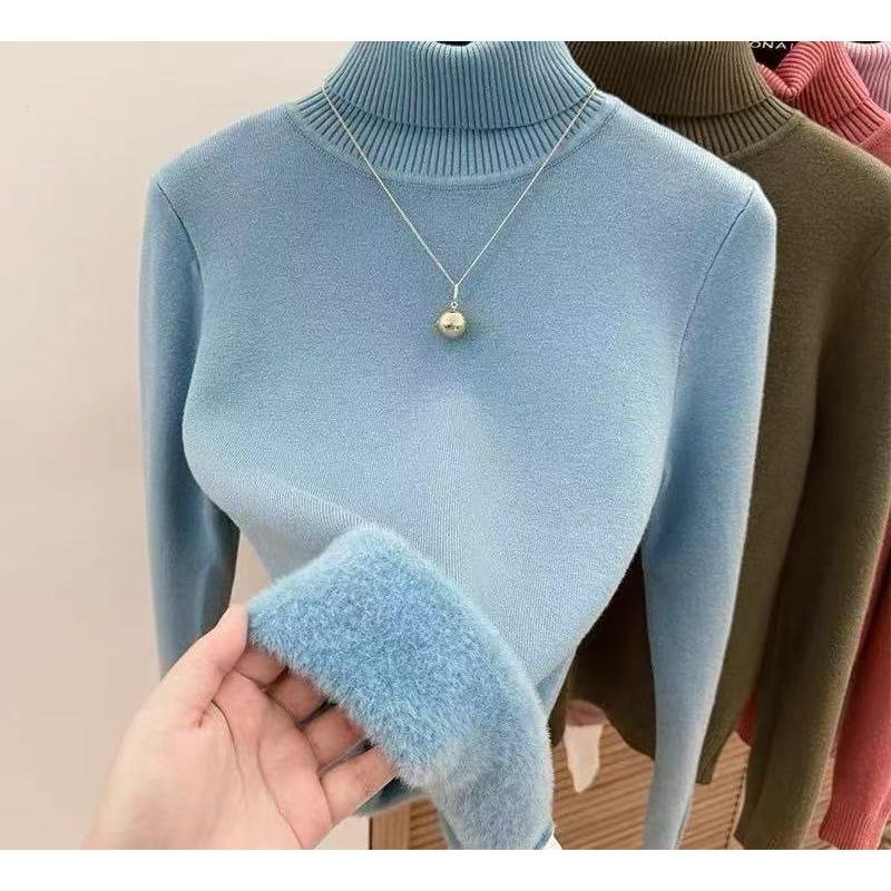 Winter High Collar Solid Color Velvet Warm Bottomed Sweater Women Simple All-match Knitting Pullover Top