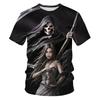 3D Grim Reaper Skull Print Short Sleeve T-shirt, Edgy Streetwear Style
