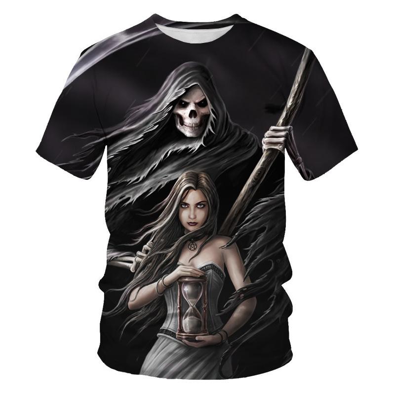 3D Grim Reaper Skull Print Short Sleeve T-shirt, Edgy Streetwear Style