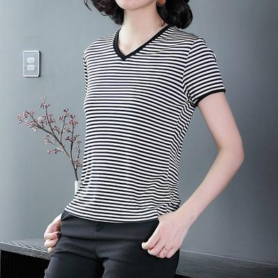 T-shirt for Women Summer Large Size T-shirt Soft Loose V Neck Stripes Casual Comfortable Pullover T-shirt Top