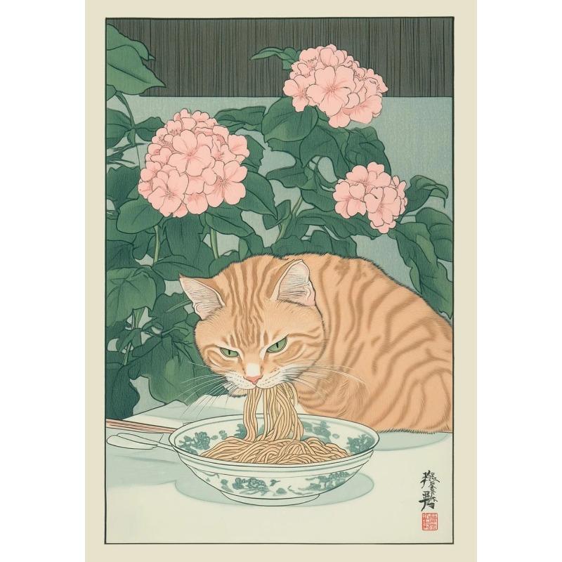 Gatto Tigrato Giapponese nella Vasca da Bagno Stampe Poster Pittura su Tela Estetica Retrò Arte da Parete Immagine Japandi Bagno Toilette Decorazione Casa