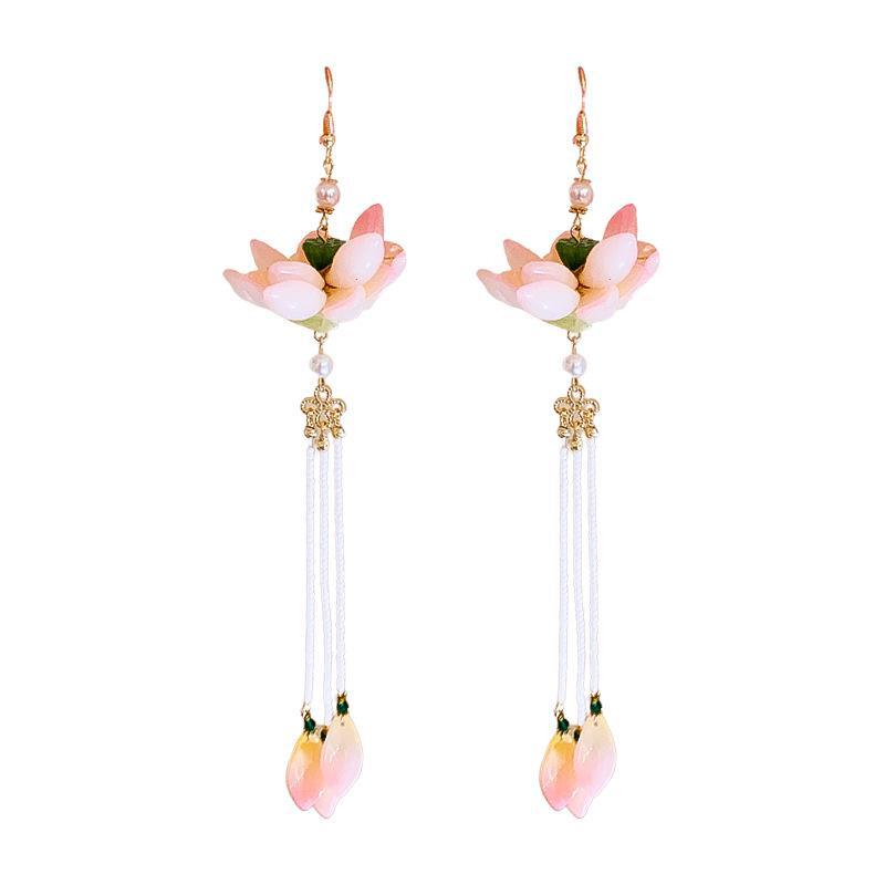 Glass Lotus Pearl Tassel Earrings: Elegant High-End Fashion Accessory