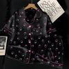 Sweet And Cool Cartoon Ins Style Japanese Dark Black Ice Silk Satin Pajamas Women'S Summer Short-Sleeved Fashion Loungewear