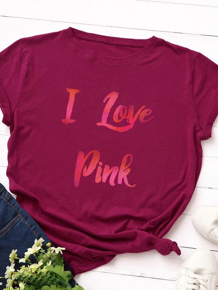 I Love Pink Letter Print Women T Shirt Short Sleeve O Neck Loose Women Tshirt Ladies Tee Shirt Tops Clothes Camisetas Mujer