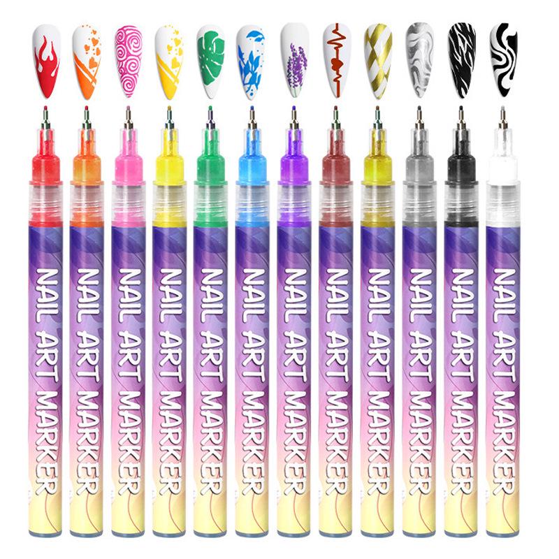 12-Color DIY Nail Art Graffiti Pen Set - 0.5mm Acrylic & Watercolor Marker Pens