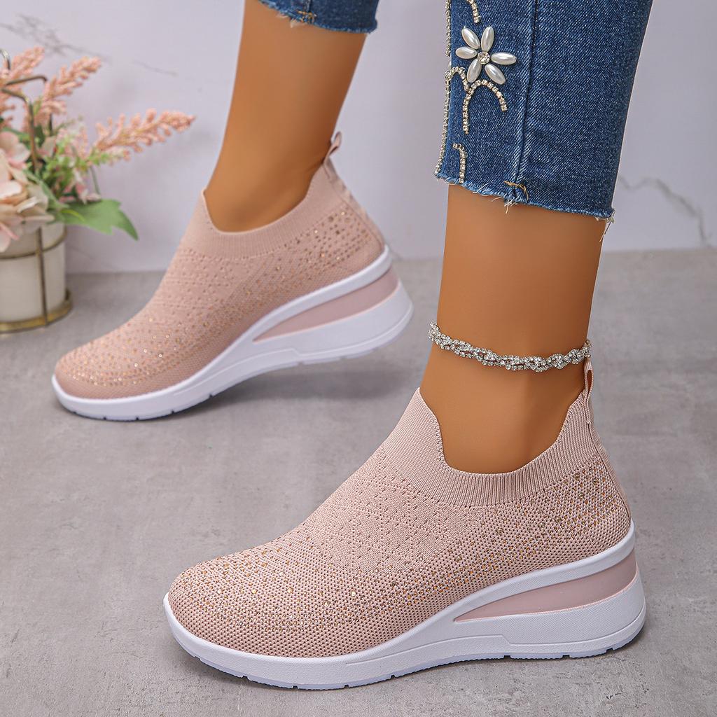 Fashion Autumn Women's Fashion Rhinestone Sneakers Breathable Mesh Slip On Flat Shoes for Outdoor Casual Wedges Women Vulcanize Shoes
