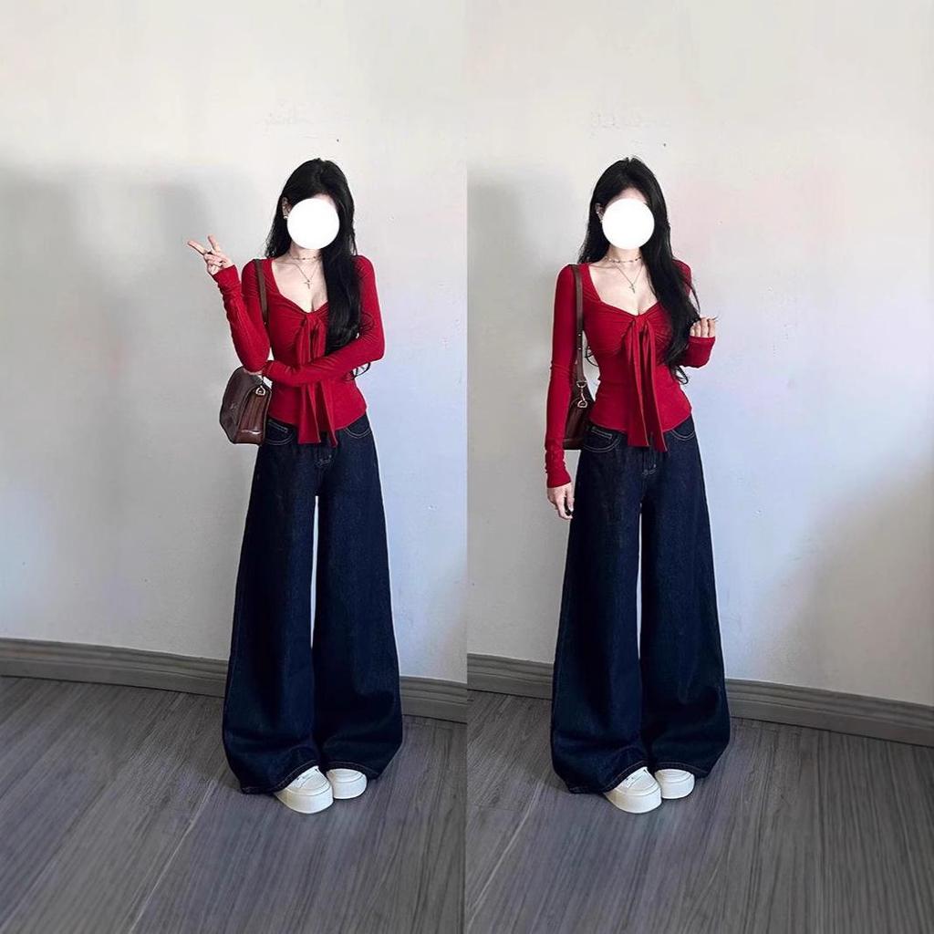 Women's Dark Blue High Waist Wide Leg Jeans - Retro, Slimming, Floor-Length