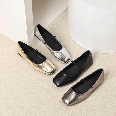 Kadın Mary Janes Yumuşak Taban Babetler Bayan Retro Kare Burun Gümüş Altın Parti Deri Loaferlar Zarif Slip-on Babetler
