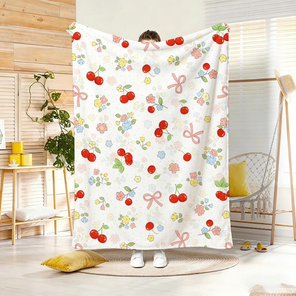 Art Illustration C-Cherry Floral Bow Throw Lightweight 240g Flannel Blanket Soft Skin-friendly for Summer Cooling