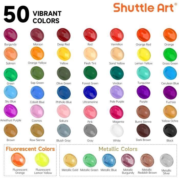 Kit de peinture acrylique - shuttle art - 50 couleurs - 60ml - 12 pinceaux - non toxique