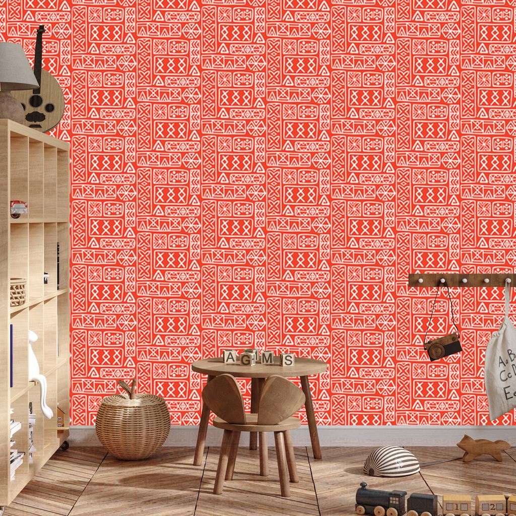 Polynesian Geometric Pattern Wallpaper Coral and Red 50x1000
