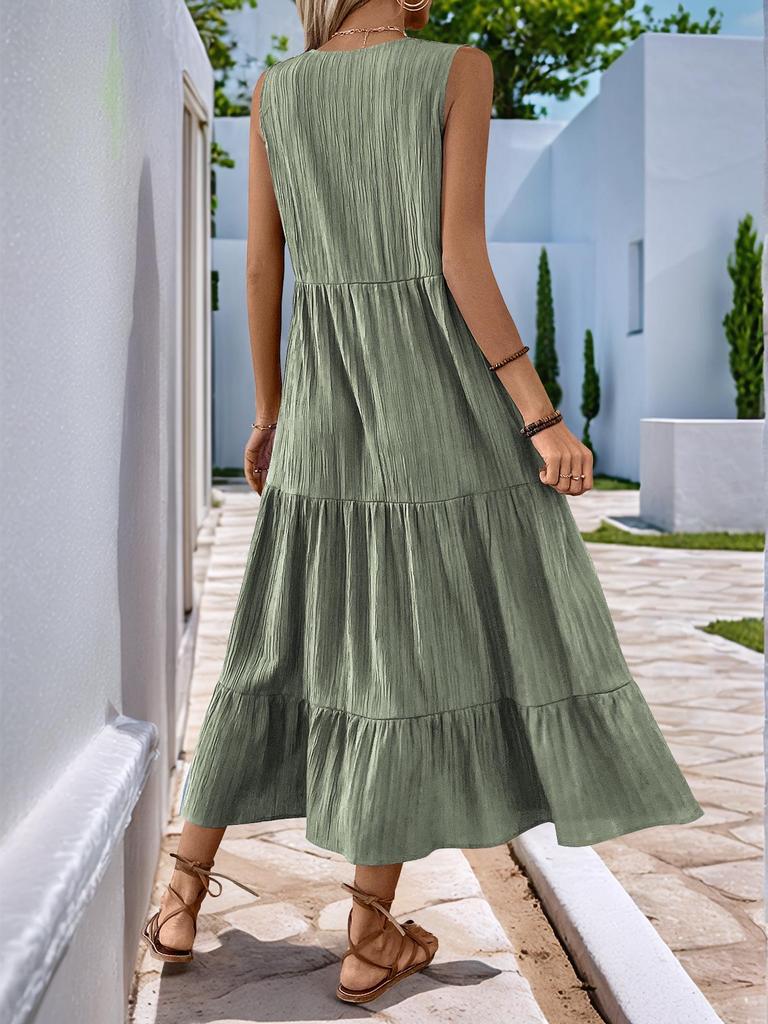 European & American Minimalist V-Neck Button Midi Dress - Sleeveless, Solid Color, Summer 2025 Collection