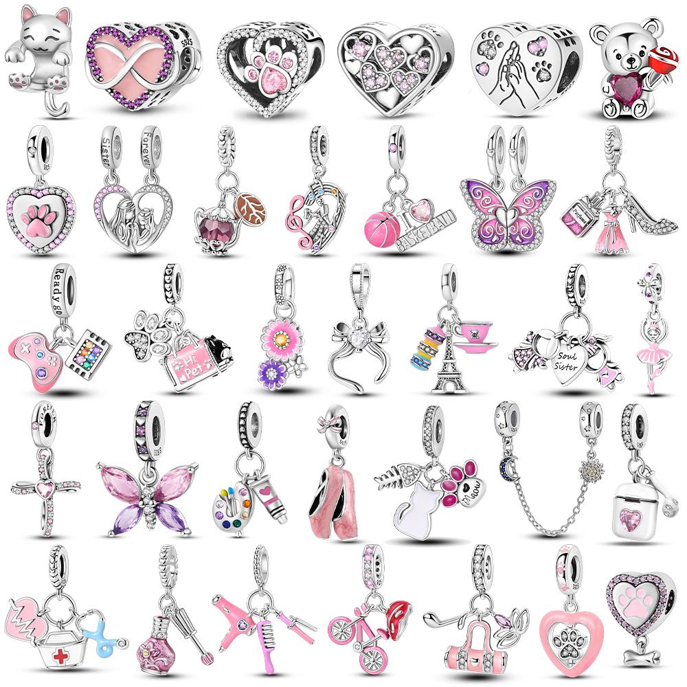 Copper Original Pink Series Charms Perfume Butterfly Beads Pendent Dangle Fit Bangle Charm Bracelet Diy Women Jewelry Gift