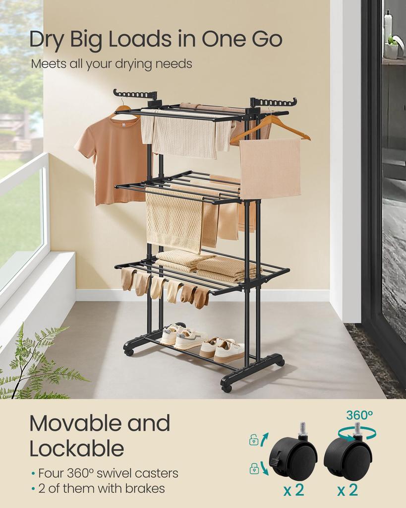 Movable 4-Layer Floor-Standing Folding Drying Rack with Wheels for Indoor and Balcony Use